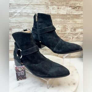 Raye Keaton Black Suede Harness Ankle Booties Zip Sz 6.5 EUC  2” Heel # 010